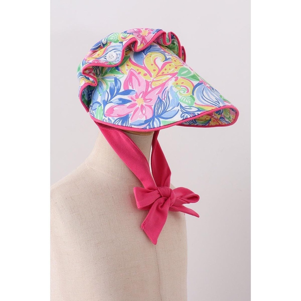 Tropical Floral Ruffle Bonnet Wide Brim Pink‎ Bow Tie Summer Beach Infant Medium